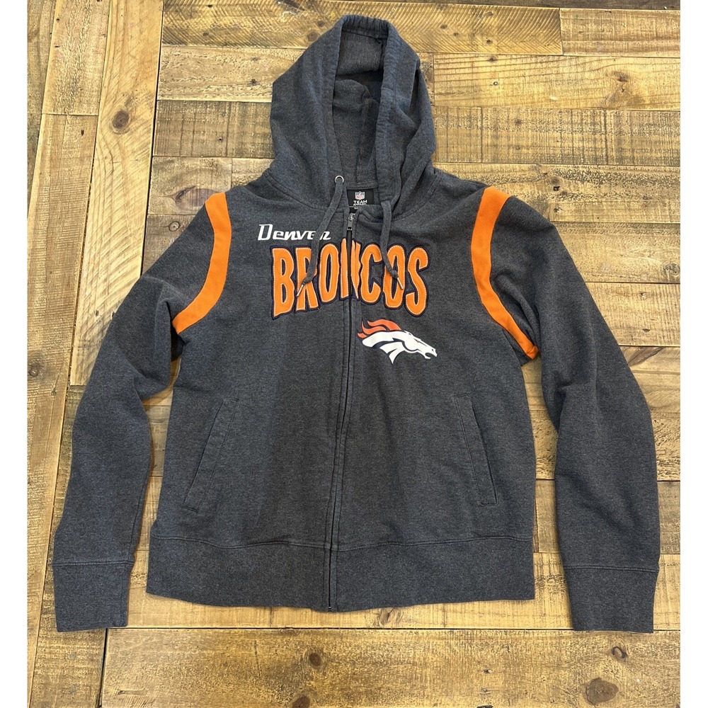 NFL Team Apparel Denver Broncos Women's Lightweight Hoodie Zip Up Size L Gray